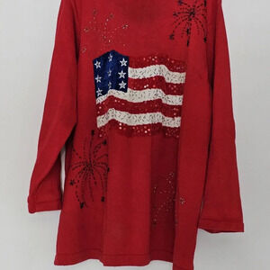 Quacker Factory Womens Sweater Sz 1X Red Long Sleeves Patriotic Flag